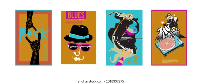 Vector set of music event poster design template. Rock, jazz, blues and hip hop poster design. Eps 10. 