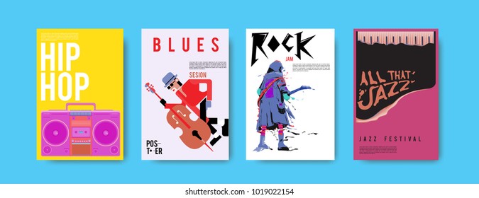Vector set of music event poster design template. Rock, jazz, blues and hip hop poster design. Eps 10. 