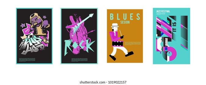 Vector set of music event poster design template. Rock, jazz, blues and hip hop poster design. Eps 10. 