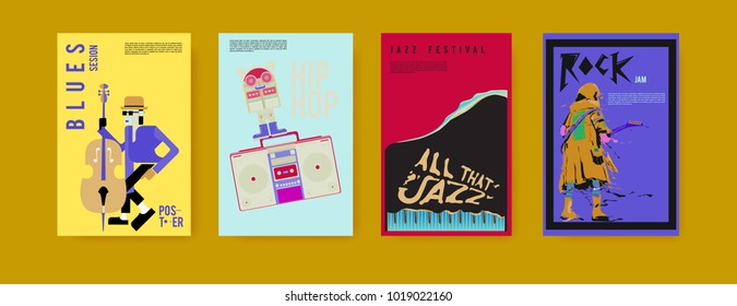 Vector set of music event poster design template. Rock, jazz, blues and hip hop poster design. Eps 10. 