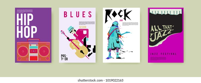 Vector set of music event poster design template. Rock, jazz, blues and hip hop poster design. Eps 10. 