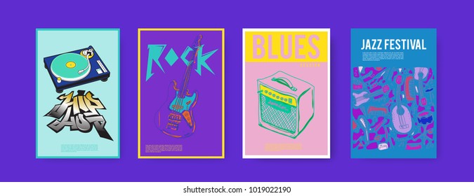 Vector set of music event poster design template. Rock, jazz, blues and hip hop poster design. Eps 10. 