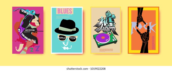 Vector set of music event poster design template. Rock, jazz, blues and hip hop poster design. Eps 10. 