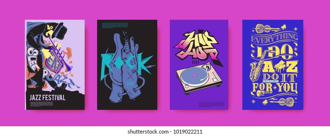 Vector set of music event poster design template. Rock, jazz, blues and hip hop poster design. Eps 10. 