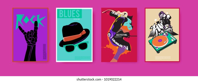 Vector set of music event poster design template. Rock, jazz, blues and hip hop poster design. Eps 10. 