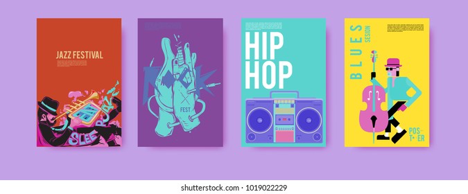 Vector set of music event poster design template. Rock, jazz, blues and hip hop poster design. Eps 10. 