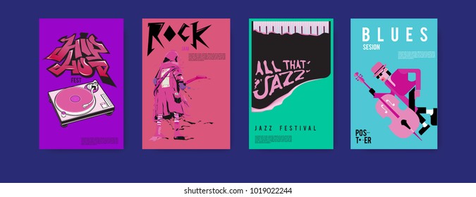 Vector set of music event poster design template. Rock, jazz, blues and hip hop poster design. Eps 10. 