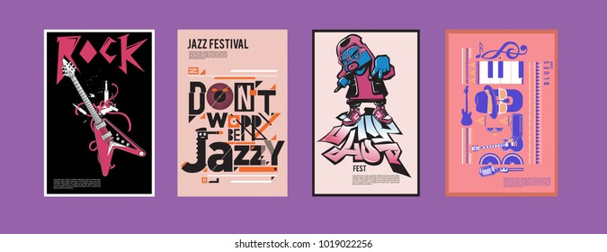 Vector set of music event poster design template. Rock, jazz, blues and hip hop poster design. Eps 10. 