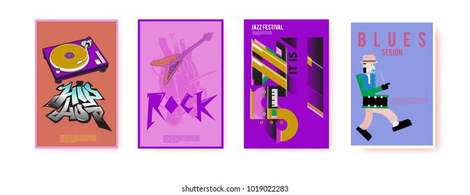 Vector set of music event poster design template. Rock, jazz, blues and hip hop poster design. Eps 10. 