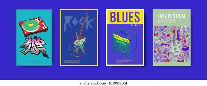 Vector set of music event poster design template. Rock, jazz, blues and hip hop poster design. Eps 10. 