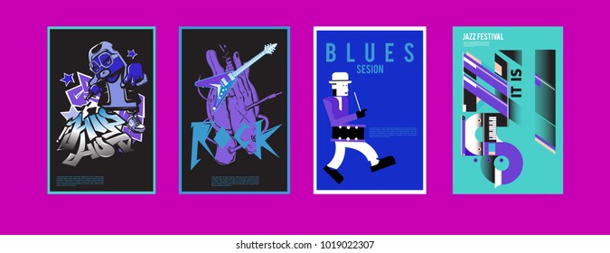 Vector set of music event poster design template. Rock, jazz, blues and hip hop poster design. Eps 10. 
