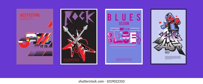 Vector set of music event poster design template. Rock, jazz, blues and hip hop poster design. Eps 10. 