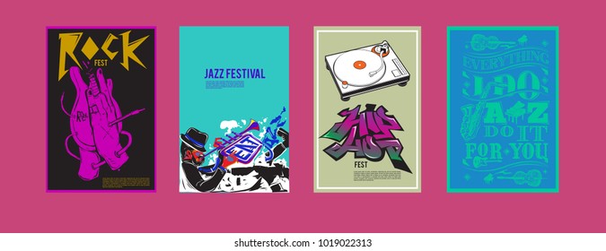 Vector set of music event poster design template. Rock, jazz, blues and hip hop poster design. Eps 10. 