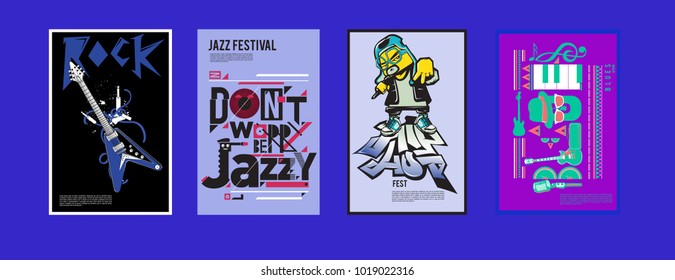 Vector set of music event poster design template. Rock, jazz, blues and hip hop poster design. Eps 10. 