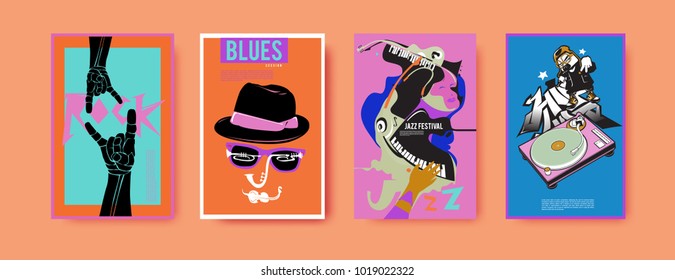 Vector set of music event poster design template. Rock, jazz, blues and hip hop poster design. Eps 10. 