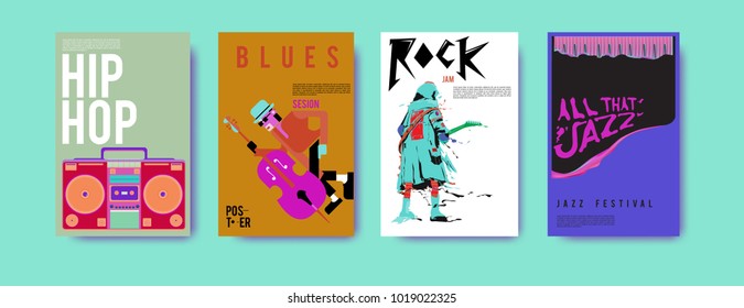 Vector set of music event poster design template. Rock, jazz, blues and hip hop poster design. Eps 10. 