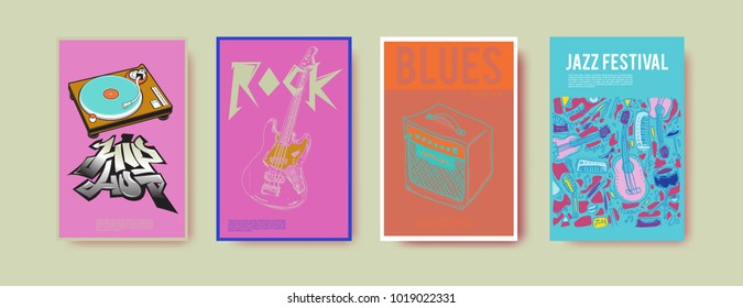 Vector set of music event poster design template. Rock, jazz, blues and hip hop poster design. Eps 10. 