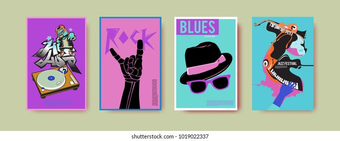 Vector Set Of Music Event Poster Design Template. Rock, Jazz, Blues And Hip Hop Poster Design. Eps 10. 