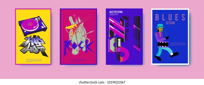 Vector set of music event poster design template. Rock, jazz, blues and hip hop poster design. Eps 10. 