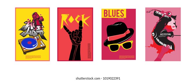 Vector set of music event poster design template. Rock, jazz, blues and hip hop poster design. Eps 10. 