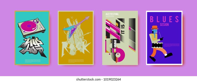 Vector set of music event poster design template. Rock, jazz, blues and hip hop poster design. Eps 10. 