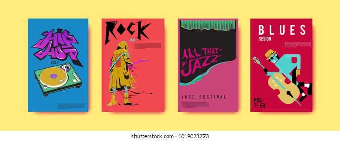 Vector set of music event poster design template. Rock, jazz, blues and hip hop poster design. Eps 10. 