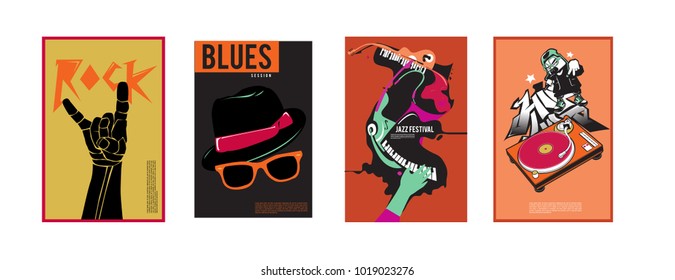 Vector set of music event poster design template. Rock, jazz, blues and hip hop poster design. Eps 10. 