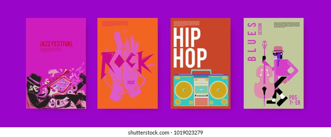Vector set of music event poster design template. Rock, jazz, blues and hip hop poster design. Eps 10. 