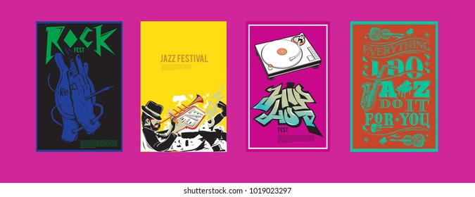 Vector set of music event poster design template. Rock, jazz, blues and hip hop poster design. Eps 10. 