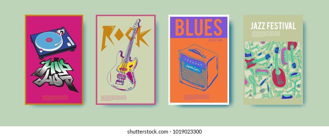 Vector set of music event poster design template. Rock, jazz, blues and hip hop poster design. Eps 10. 