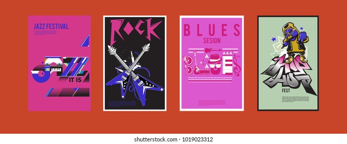Vector set of music event poster design template. Rock, jazz, blues and hip hop poster design. Eps 10. 