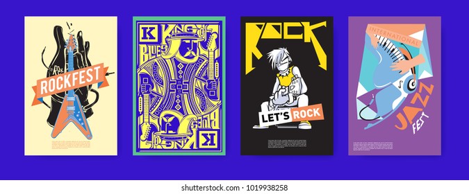 Vector set of music event poster design template. Rock, jazz, blues and hip hop poster design. Eps 10. 