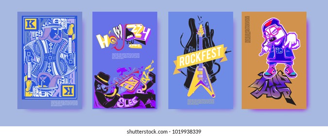 Vector set of music event poster design template. Rock, jazz, blues and hip hop poster design. Eps 10. 