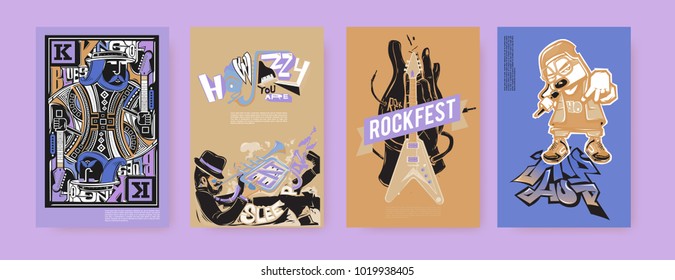 Vector set of music event poster design template. Rock, jazz, blues and hip hop poster design. Eps 10. 