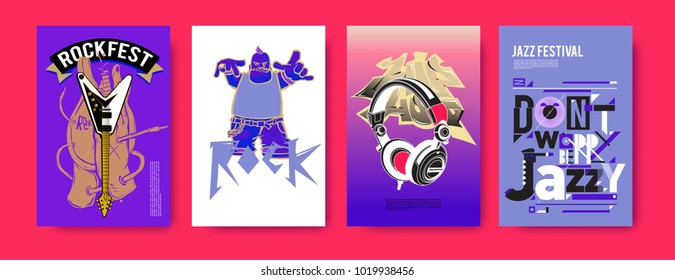 Vector set of music event poster design template. Rock, jazz, blues and hip hop poster design. Eps 10. 