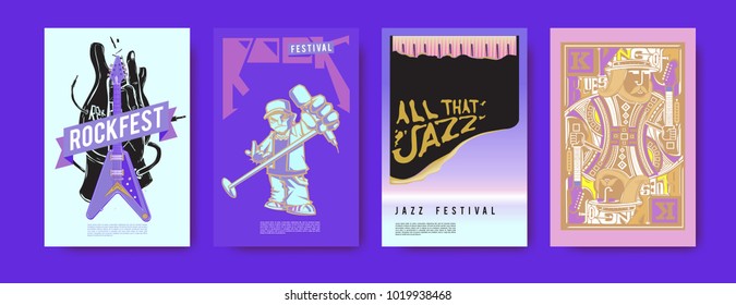 Vector set of music event poster design template. Rock, jazz, blues and hip hop poster design. Eps 10. 
