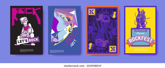 Vector set of music event poster design template. Rock, jazz, blues and hip hop poster design. Eps 10. 