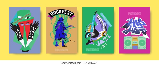 Vector set of music event poster design template. Rock, jazz, blues and hip hop poster design. Eps 10. 