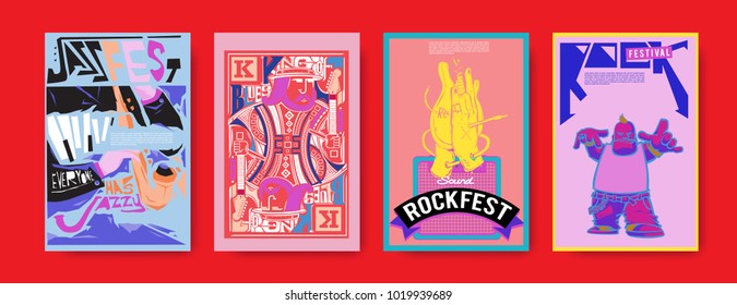 Vector set of music event poster design template. Rock, jazz, blues and hip hop poster design. Eps 10. 
