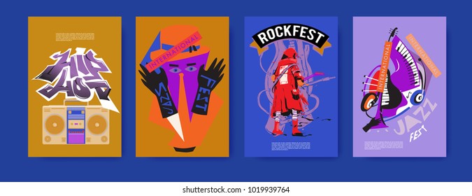 Vector set of music event poster design template. Rock, jazz, blues and hip hop poster design. Eps 10. 