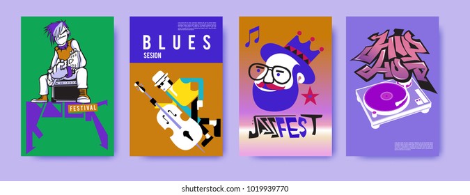 Vector set of music event poster design template. Rock, jazz, blues and hip hop poster design. Eps 10. 