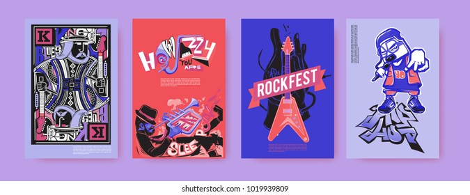 Vector set of music event poster design template. Rock, jazz, blues and hip hop poster design. Eps 10. 