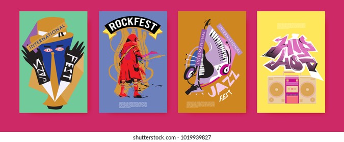 Vector set of music event poster design template. Rock, jazz, blues and hip hop poster design. Eps 10. 