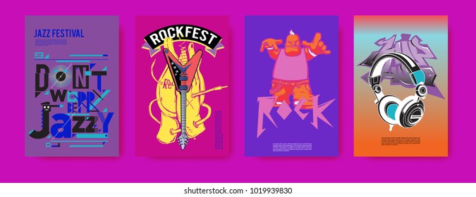 Vector set of music event poster design template. Rock, jazz, blues and hip hop poster design. Eps 10. 