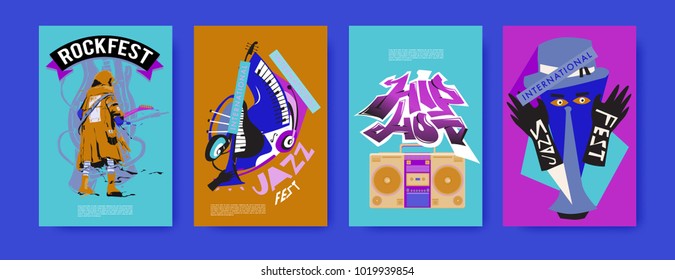 Vector set of music event poster design template. Rock, jazz, blues and hip hop poster design. Eps 10. 