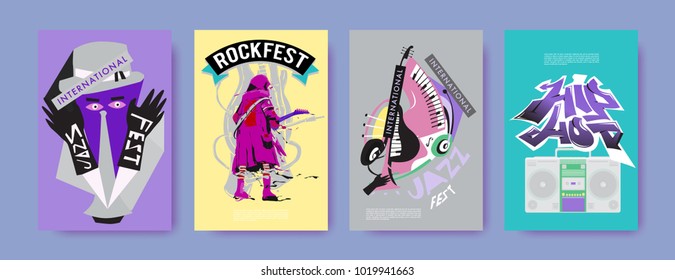 Vector set of music event poster design template. Rock, jazz, blues and hip hop poster design. Eps 10. 