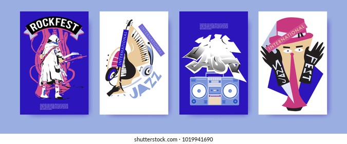 Vector set of music event poster design template. Rock, jazz, blues and hip hop poster design. Eps 10. 