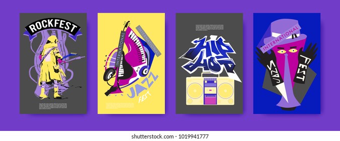 Vector set of music event poster design template. Rock, jazz, blues and hip hop poster design. Eps 10. 