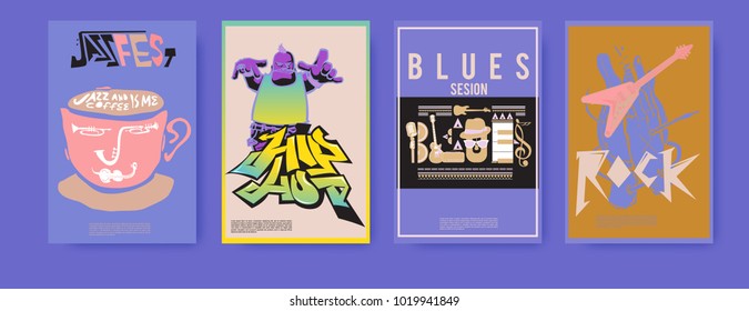 Vector set of music event poster design template. Rock, jazz, blues and hip hop poster design. Eps 10. 