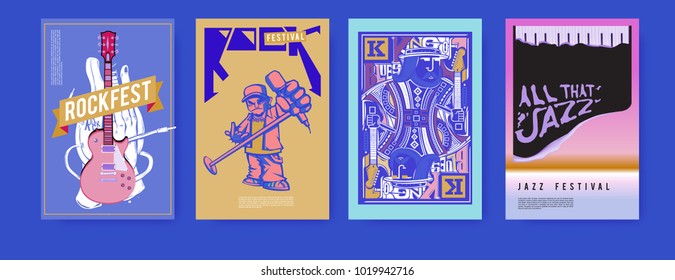 Vector set of music event poster design template. Rock, jazz, blues and hip hop poster design. Eps 10. 